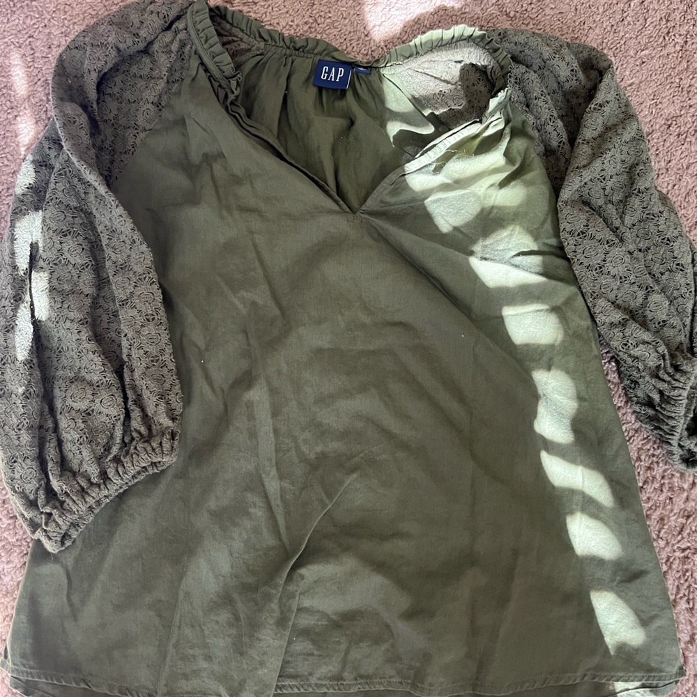 GAP Olive Green V-Neck Tunic with Lace Puff Sleeves